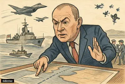 Caricature of John Healey on a naval deck directing a Hormuz protection mission with warship, minesweeper, fighter jets, drones, and cargo ships.