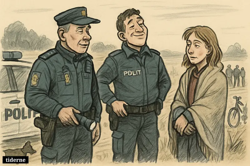 Police officers and a found young woman stand calmly by a patrol car on a rural roadside as a search operation winds down. (AI-genereret illustration)