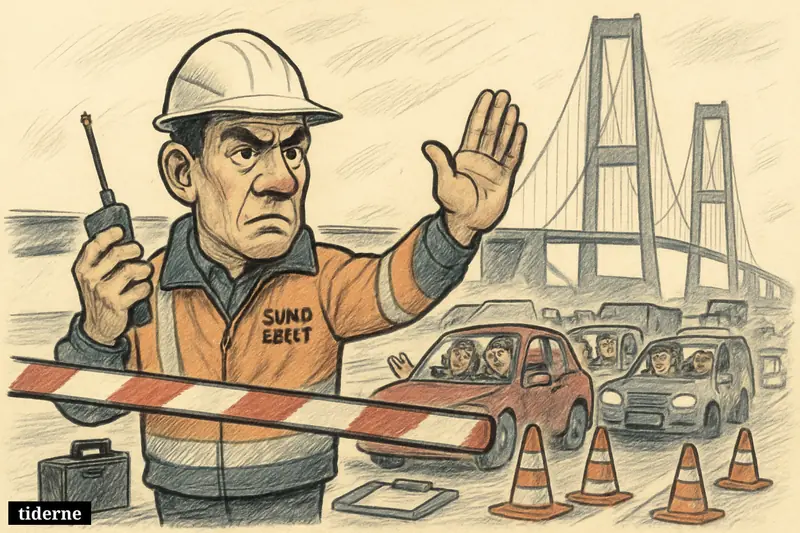A caricature bridge worker blocks access to the empty Storebælt Bridge while frustrated drivers wait behind barriers and safety equipment.