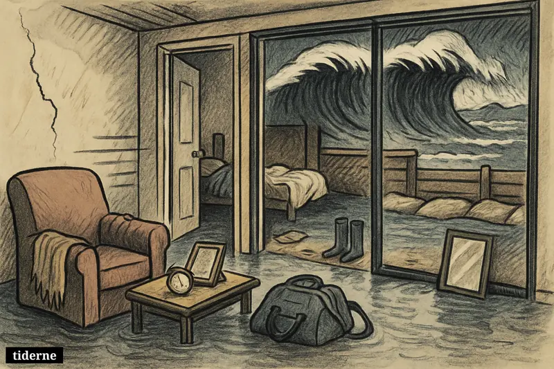 Flooded coastal home with damaged belongings, storm surge at the windows, and tense household details suggesting lasting psychological distress.