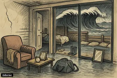 Flooded coastal home with damaged belongings, storm surge at the windows, and tense household details suggesting lasting psychological distress.