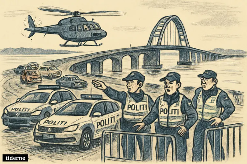 Police block a major bridge while a military helicopter hovers overhead and stranded vehicles wait during a tense traffic shutdown.