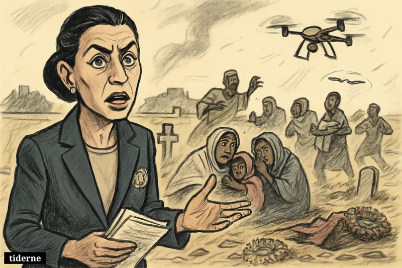 Caricature of Marta Hurtado before terrified mourners at a Sudan cemetery as a drone attack disrupts a funeral procession.
