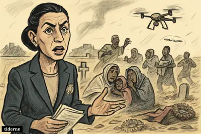 Caricature of Marta Hurtado before terrified mourners at a Sudan cemetery as a drone attack disrupts a funeral procession.