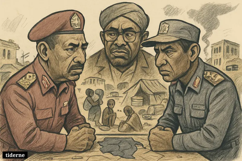 Caricatures of Sudan’s rival military leaders confronting each other while civilians, hunger, displacement, and collapsed services fill a ruined street behind them.