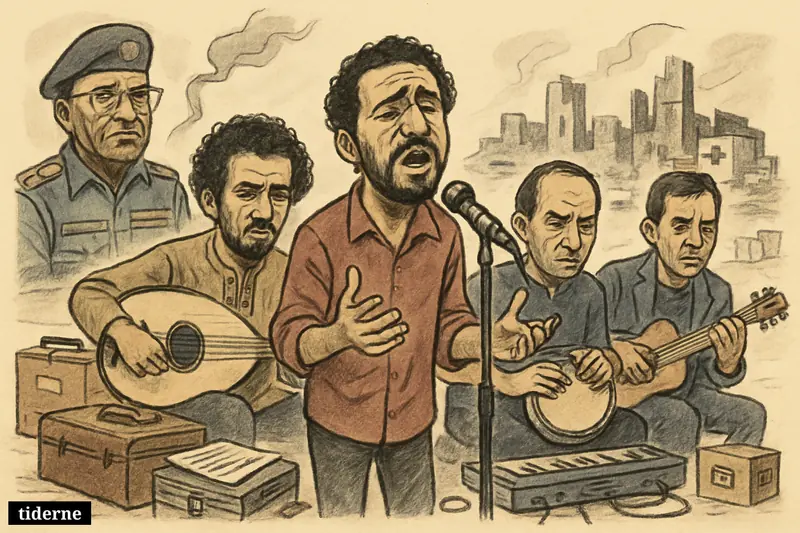 Exiled Sudanese band members perform tightly together as Omar al-Bashir lingers at the side, with ruined Khartoum and signs of war behind them.