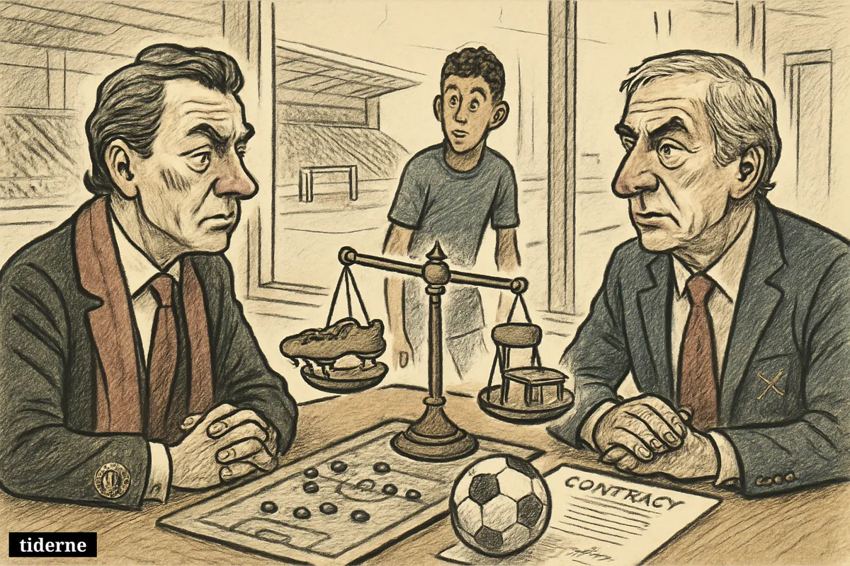 Two football club negotiators meet over a transfer table while a waiting winger stands nearby and a scale suggests the deal depends on another exit.