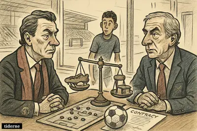 Two football club negotiators meet over a transfer table while a waiting winger stands nearby and a scale suggests the deal depends on another exit.