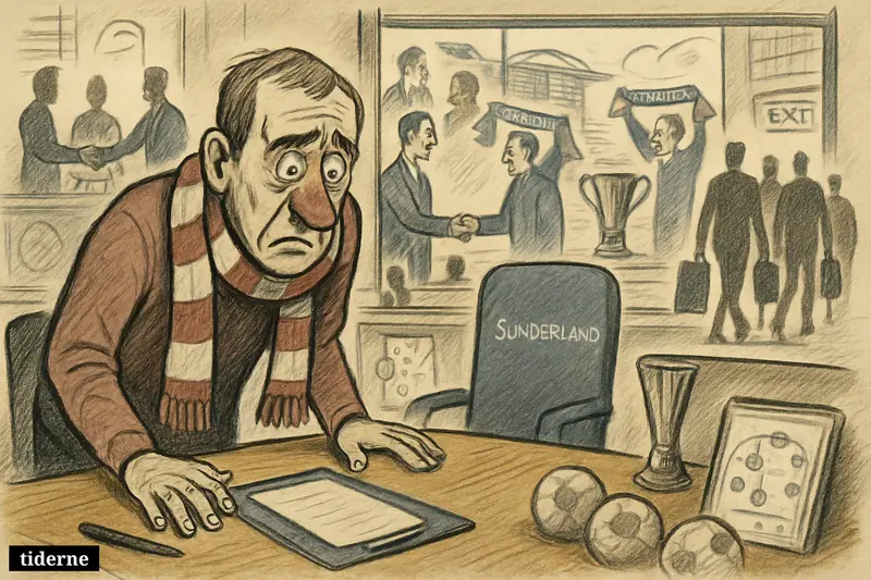 A worried Sunderland supporter sits by an empty transfer table while rival clubs welcome new signings and departing players leave with suitcases.