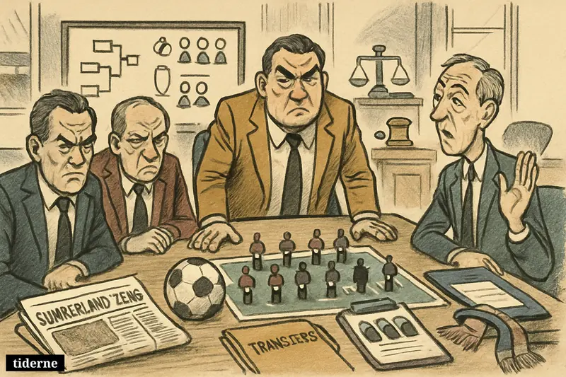 A football boardroom caricature scene with empty squad places, a newspaper prop, regulation symbols, and Europa League pressure around Sunderland.