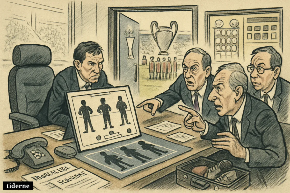 Football executives study four transfer targets in a boardroom beside a stadium, with domestic and European competition looming behind them.
