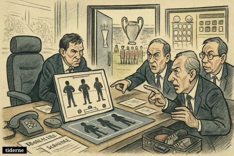 Football executives study four transfer targets in a boardroom beside a stadium, with domestic and European competition looming behind them.