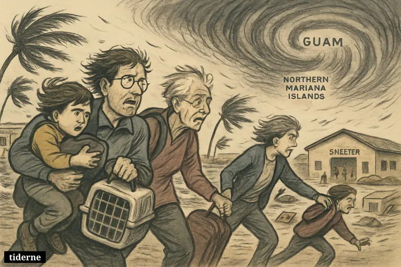 Residents evacuate a storm-battered Guam coastline as fierce wind, floodwater, and towering waves arrive under a huge spiraling typhoon.