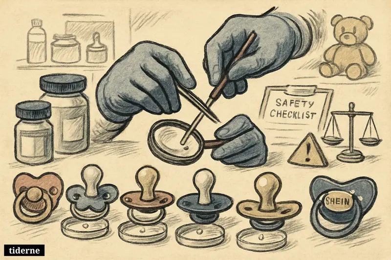 Oversized pacifiers on a lab bench leak tiny droplets while gloved hands inspect them, with nursery items and safety-testing props behind.