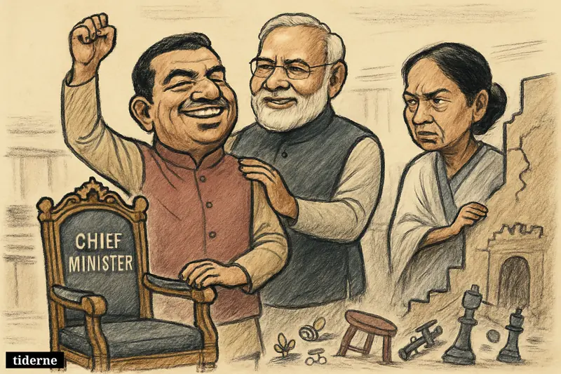 Suvendu Adhikari celebrates beside Narendra Modi while Mamata Banerjee retreats from a broken political stronghold in a West Bengal power-shift scene.