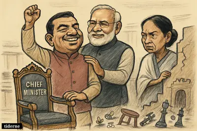 Suvendu Adhikari celebrates beside Narendra Modi while Mamata Banerjee retreats from a broken political stronghold in a West Bengal power-shift scene.