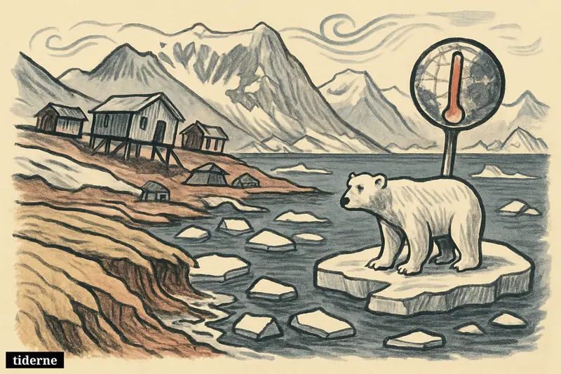 An Arctic Svalbard coastline with cracked permafrost, broken sea ice, melting slopes, research huts, and a polar bear on a shrinking floe.