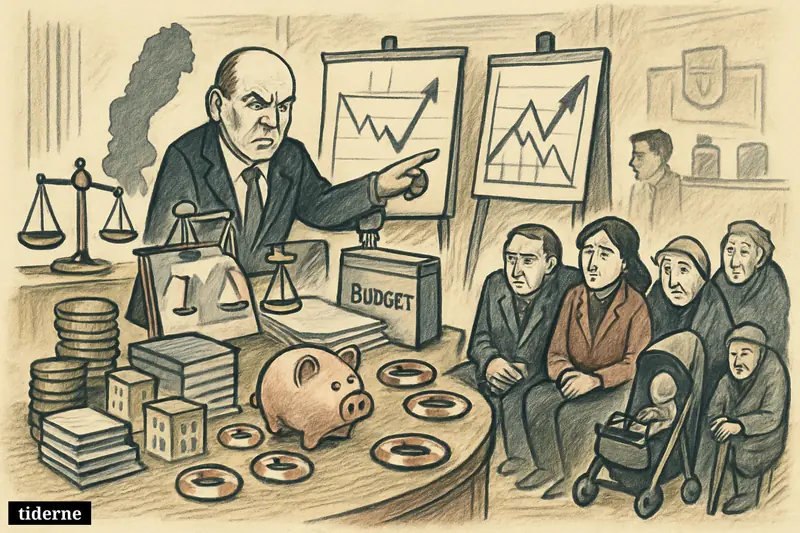 Government officials present an emergency economic package as worried citizens, municipal buildings, and financial props suggest Sweden’s economic strain.