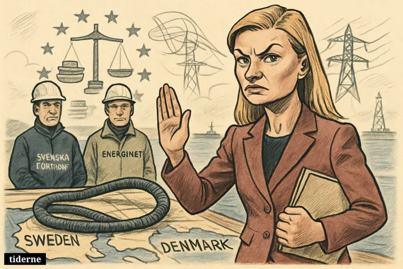 Ebba Busch halts an undersea power cable between Sweden and Denmark as utility engineers and EU finance symbols surround her.