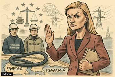Ebba Busch halts an undersea power cable between Sweden and Denmark as utility engineers and EU finance symbols surround her.
