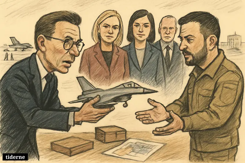 Caricature of Swedish leaders handing a fighter jet to Zelenskyj on an airbase, with parked jets and military delivery props behind them.