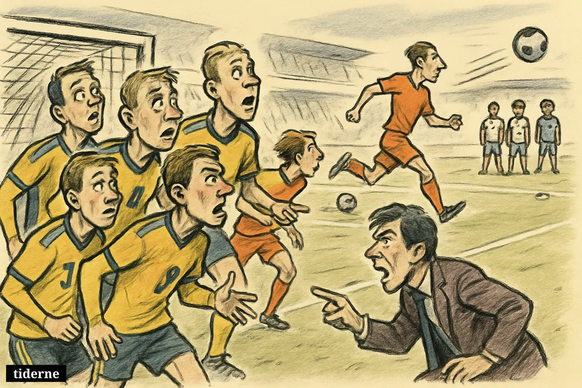 Swedish footballers huddle nervously as Dutch attackers exploit the wings and a long ball drops behind them before a looming match with Japan.