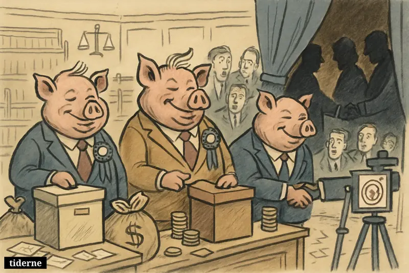 Pigs dressed as politicians dominate a parliament-farm scene while hidden backers pass money and uneasy voters react.