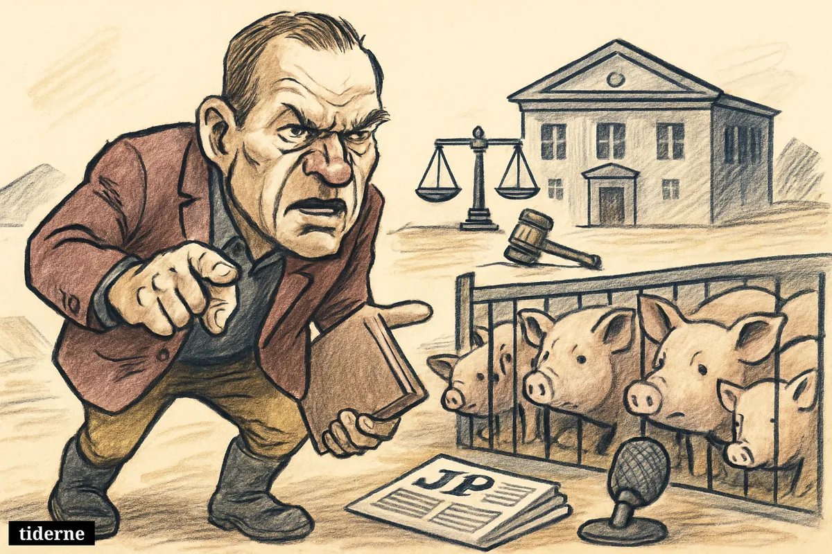 Caricature of Jeppe Bloch Nielsen confronting the government with legal papers, pigs nearby, and courtroom symbols in a farmyard standoff.