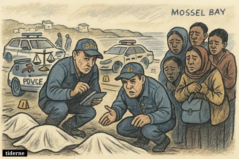 Police investigate two covered bodies near a coastal road as anxious migrants watch in Mossel Bay.