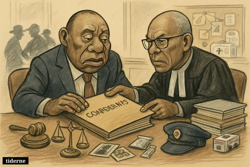Caricature of Cyril Ramaphosa receiving a sealed report from Judge Madlanga in an office filled with police, justice, and crime props.