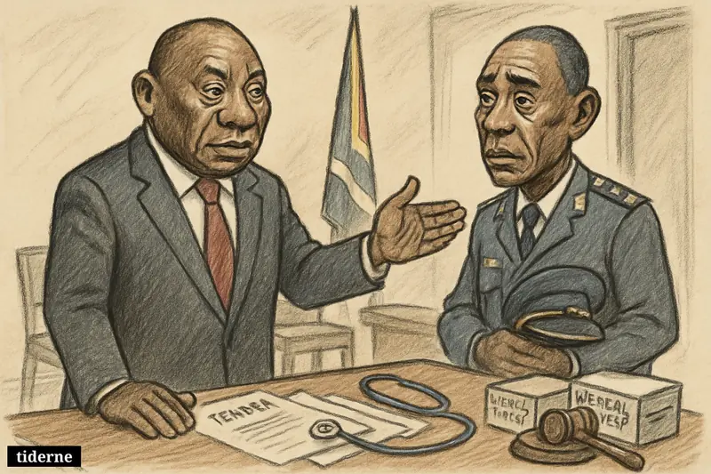 Caricature of President Cyril Ramaphosa suspending police chief Fannie Masemola in a government office with health tender and legal props.