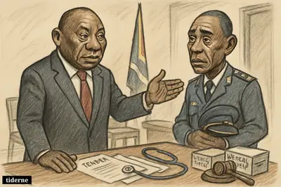 Caricature of President Cyril Ramaphosa suspending police chief Fannie Masemola in a government office with health tender and legal props.