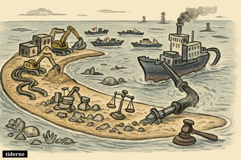 A crescent artificial island with dredgers, buildings, and opposing patrol boats facing off over a disputed reef in the South China Sea.