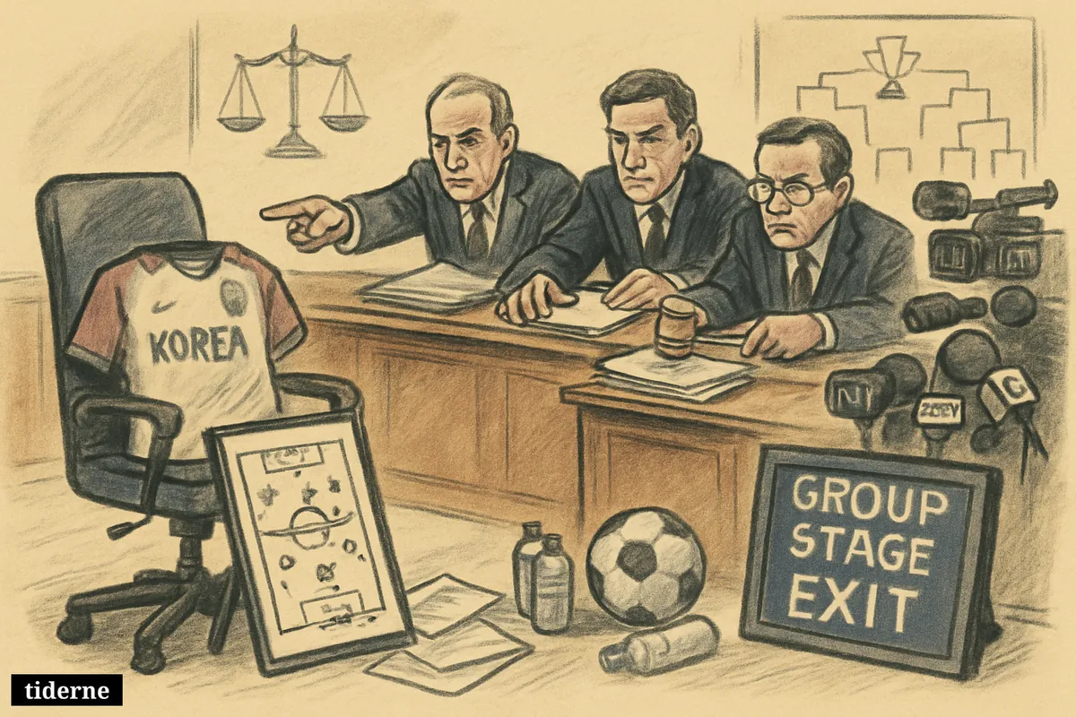 Empty coach chair in a government hearing room with football props, stern officials, and press cameras after South Korea’s World Cup exit.