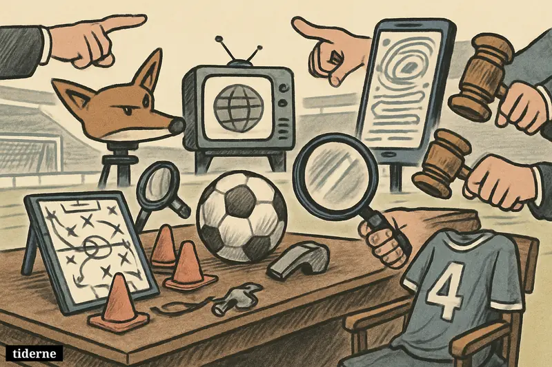 A government hearing room blended with a football stadium, showing broadcast props and an investigation into a failed national team campaign.