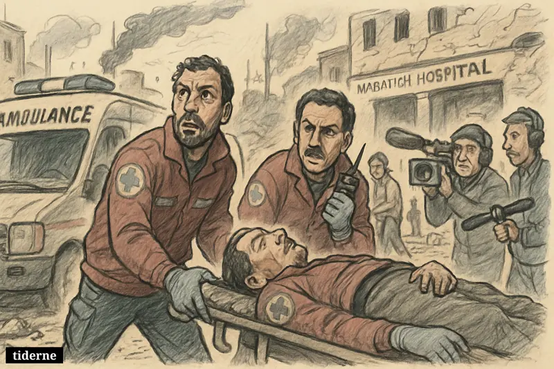 Rescue workers rush a stretcher to an ambulance outside a damaged hospital as a nearby news crew films in war-torn South Lebanon.