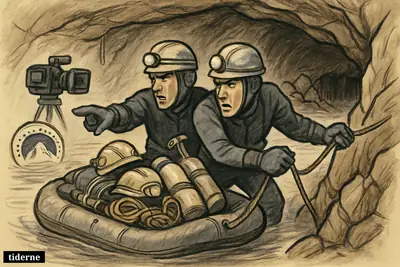 Rescue workers in a raft push into a flooded cave tunnel with ropes and diving gear as debris blocks the passage.