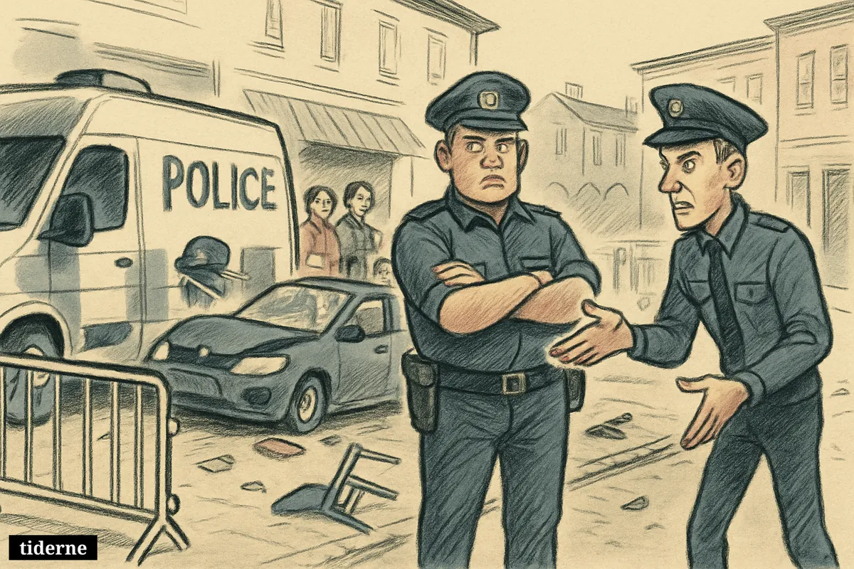 Two police officers by a mobile police station van near a car crashed into a shopfront on a cordoned main street. (AI-genereret illustration)