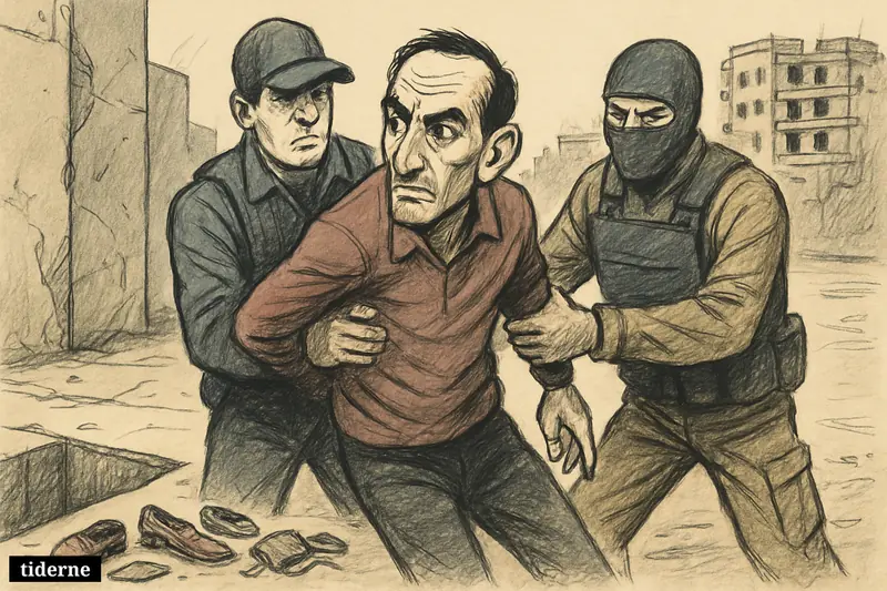 A caricature of Amjad Youssef being arrested by security officers near a concrete pit in a war-damaged Syrian urban setting.