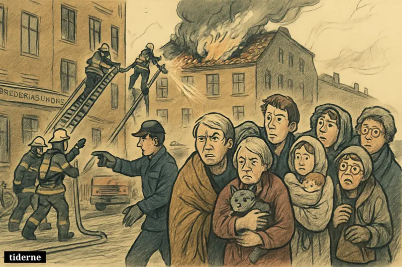 Evacuated residents gather on a Copenhagen street as firefighters battle a roof fire on an apartment building and police guide people back.