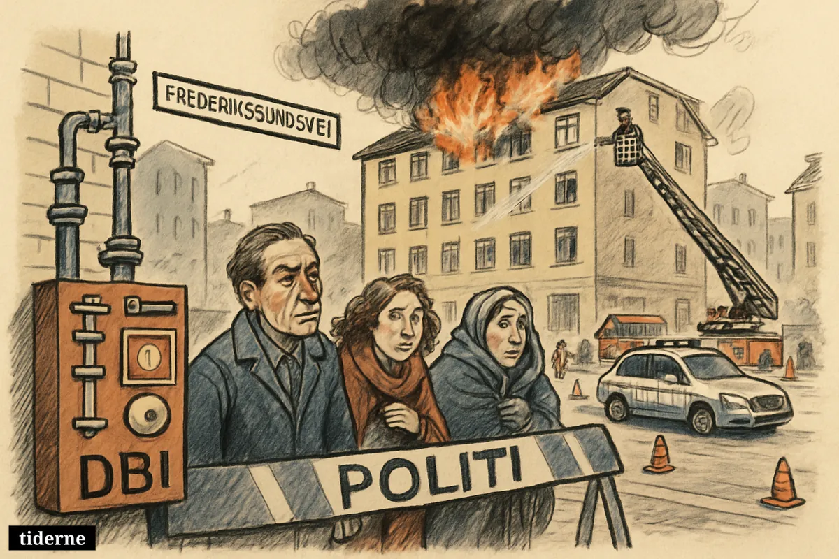 A roof fire on a city apartment building as firefighters respond, police block the street, and evacuees stand behind barriers.