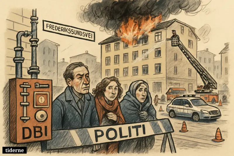 A roof fire on a city apartment building as firefighters respond, police block the street, and evacuees stand behind barriers.