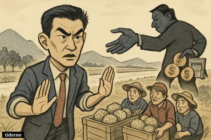 Caricature of Liang Wen-chieh warning Taitung fruit farmers as China offers to buy atemoya while hiding trade barriers behind its back.