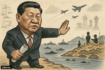 Xi Jinping stands sternly at a narrow strait, confronting Taiwan across tense waters filled with warships, jets, and symbols of geopolitical conflict.