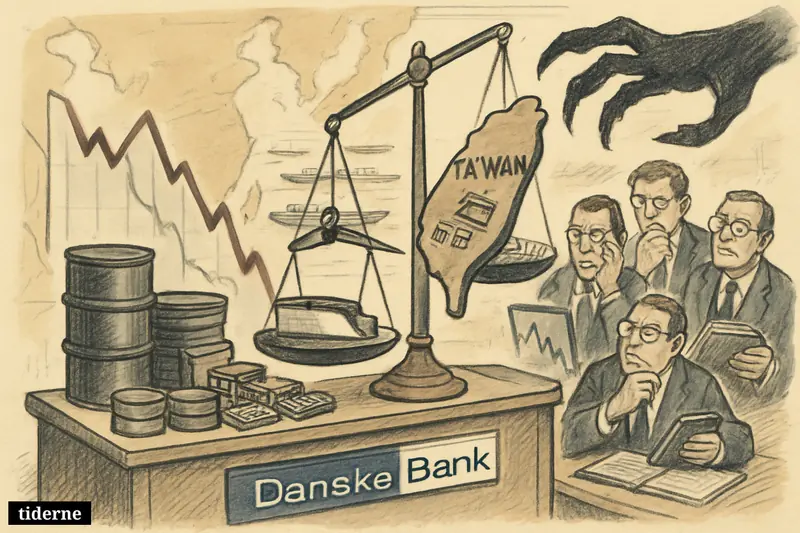 A caricature trading room shows Taiwan as a chip factory outweighing oil tankers in a tense global economy scene tied to Chinese pressure.