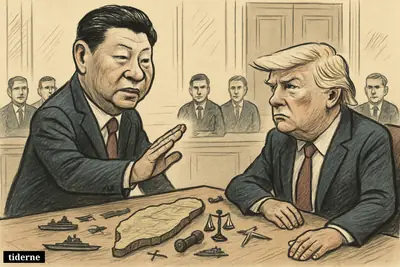 Xi Jinping warns Donald Trump across a meeting table, with Taiwan modeled between them amid military and geopolitical props.