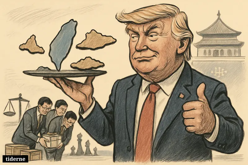 Donald Trump gives a thumbs-up as a worried Taiwanese delegation thanks him on a diplomatic stage with subtle symbols of conflict and uncertainty.