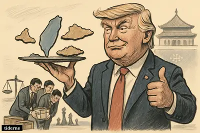 Donald Trump gives a thumbs-up as a worried Taiwanese delegation thanks him on a diplomatic stage with subtle symbols of conflict and uncertainty.
