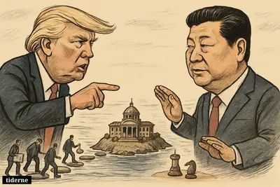 Caricature of Trump and Xi facing each other across a strait, gesturing toward Taiwan as diplomats and strategy symbols surround the island.