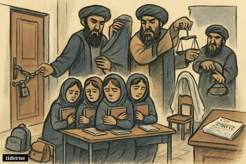Taliban figures close off a classroom while anxious Afghan schoolgirls sit at desks beside books, a chained door, and a child-sized wedding veil.